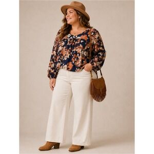 DownEast Abstract Floral Navy Blue Blouse Long Sleeve Boho Size L